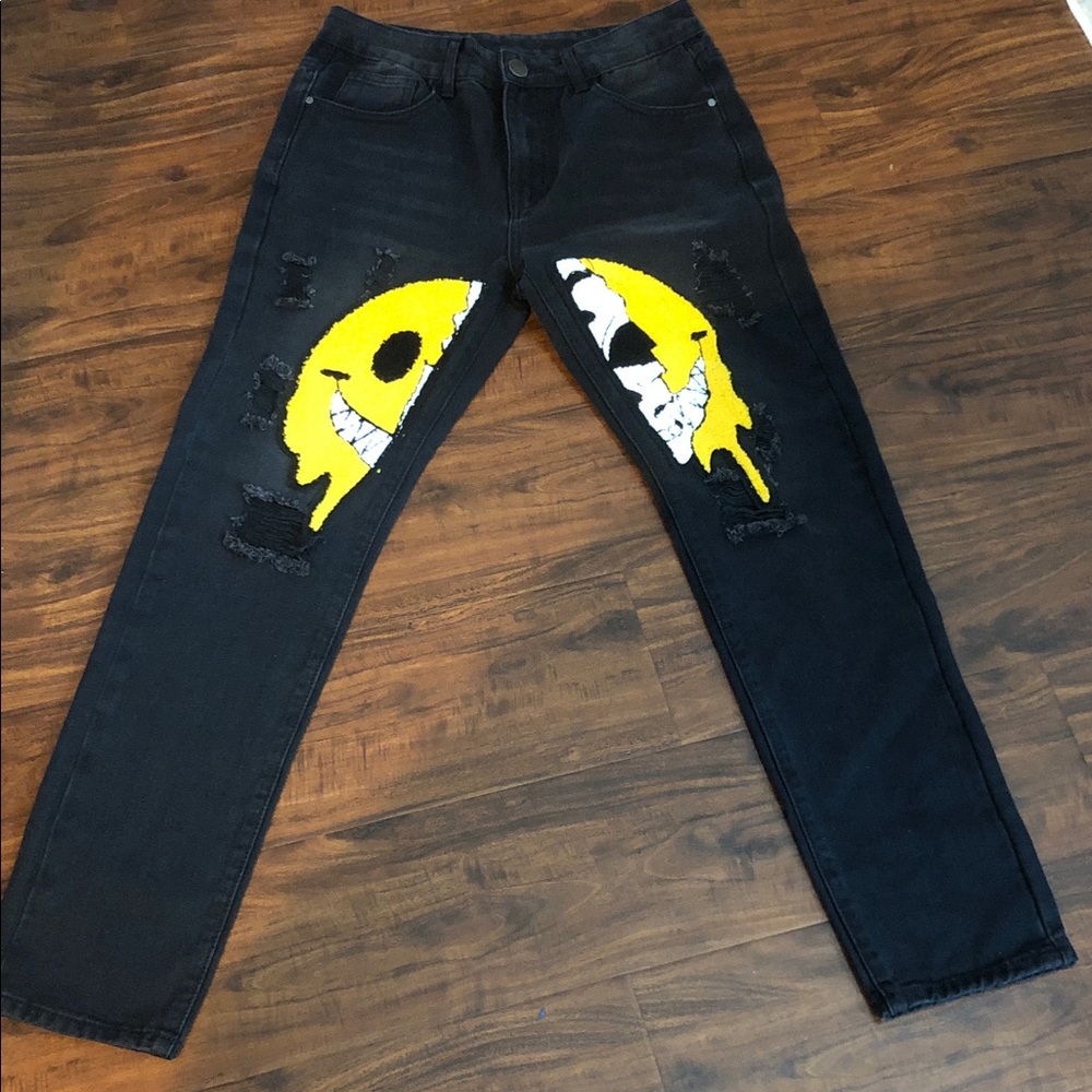 Black Distressed Jeans with Yellow Graphic Smile Panels